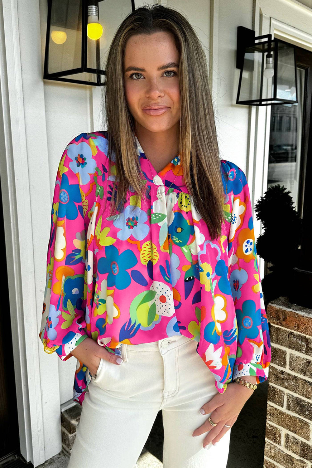 Rose Floral Puff Sleeve V Neck Blouse