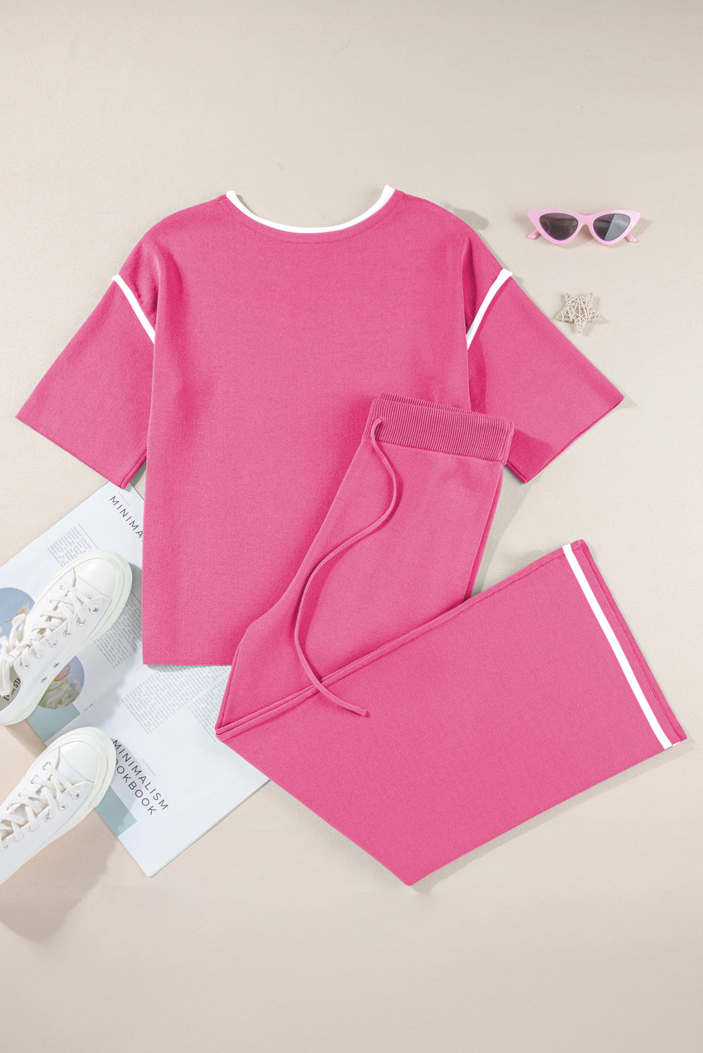 Bright Pink Loose Contrast Trim Half Sleeve Top and Drawstring Pants Set