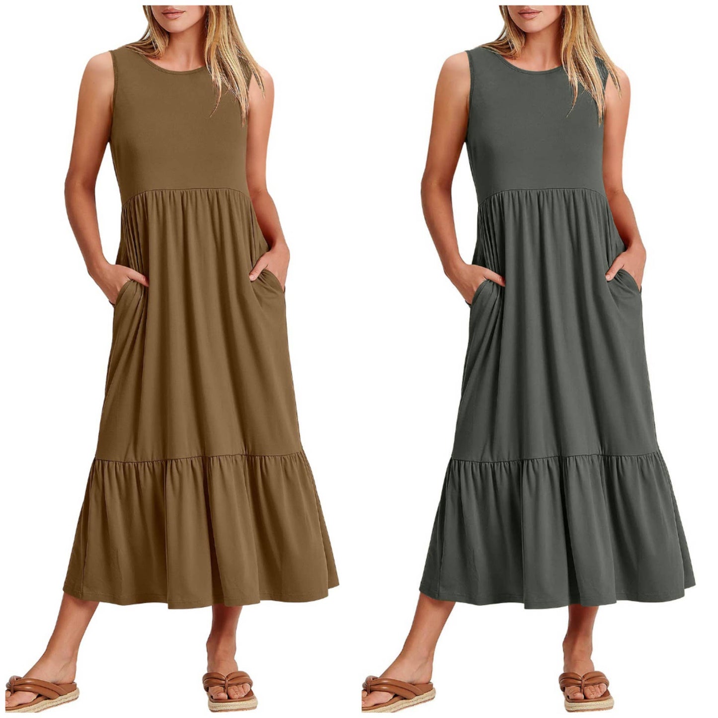 Ladies Sleeveless Simple Midi Dress, Pockets