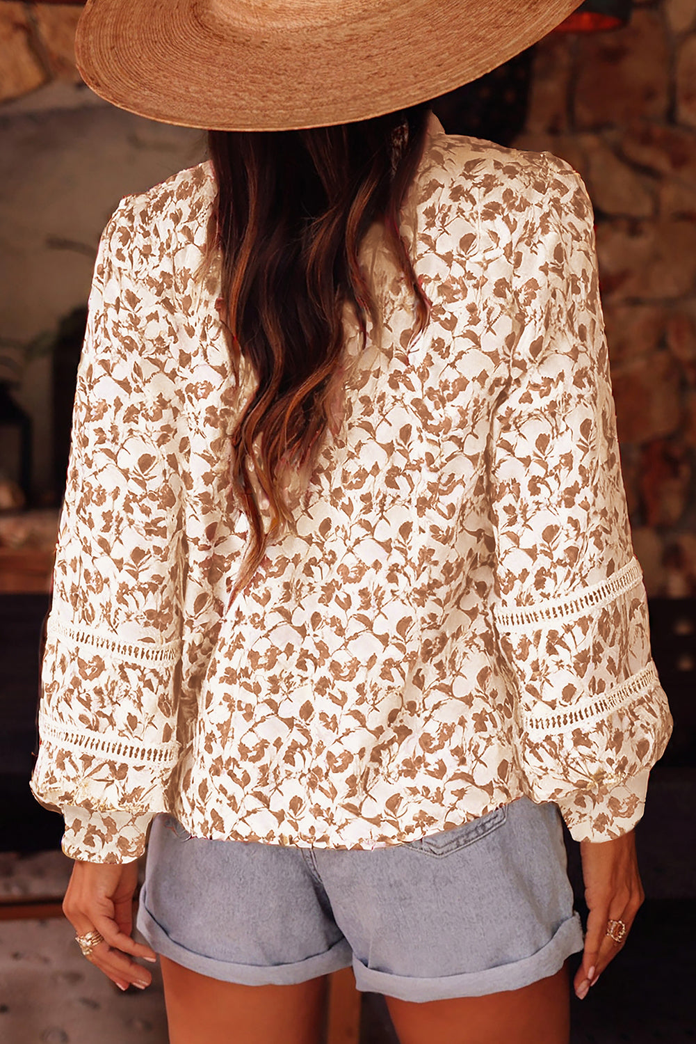 Khaki Printed Floral Print Lace Detail Puff Sleeve Fall Shirt
