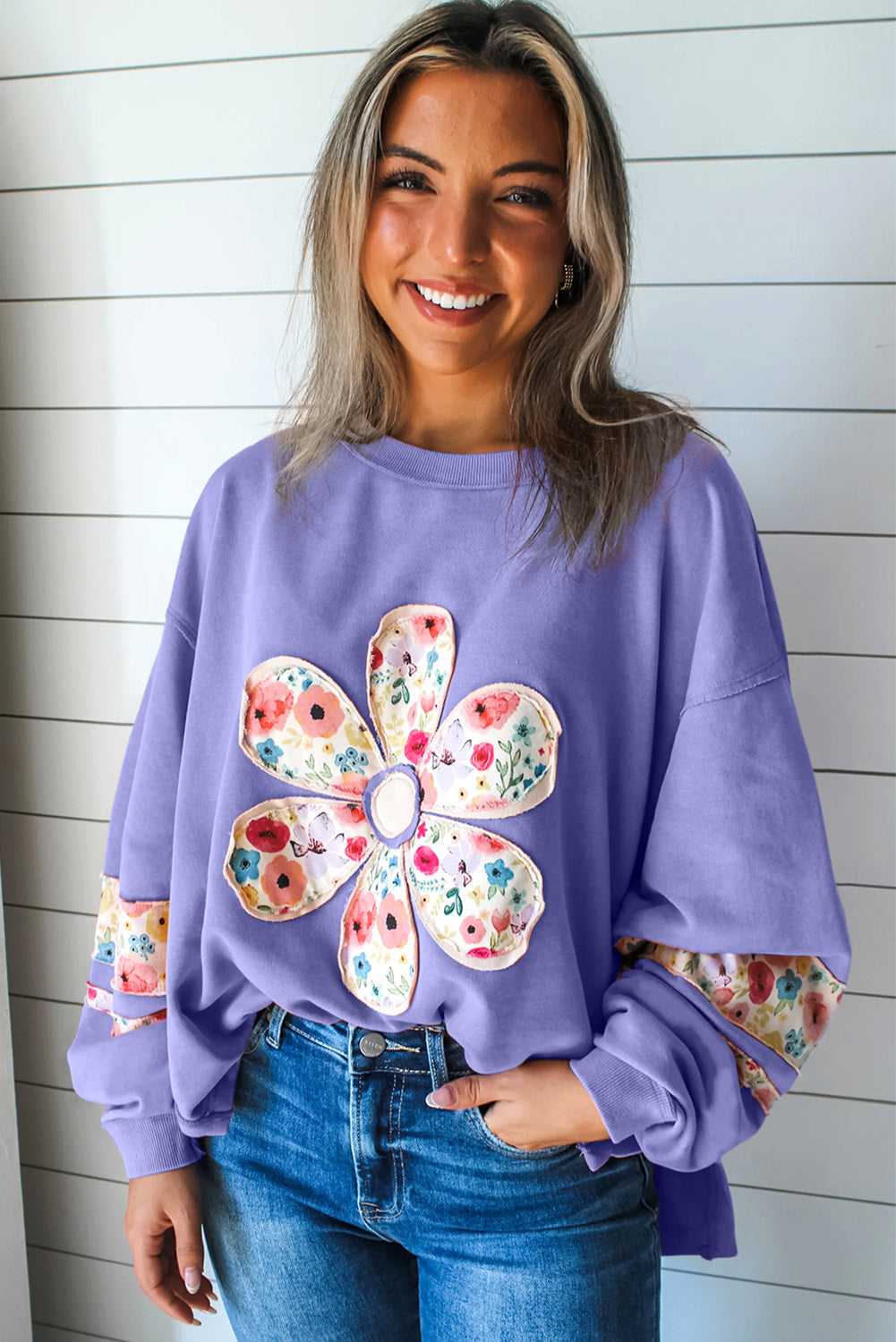 Pale Khaki Flower Applique Patchwork Drop Sleeve Pullover Sweatshirt