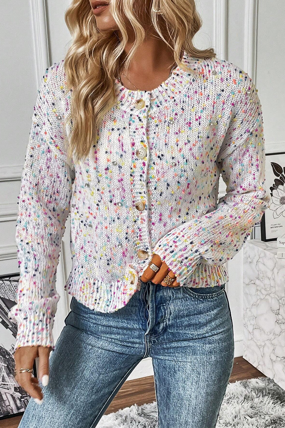 Apricot Confetti Knit Cropped Open Front Cardigan