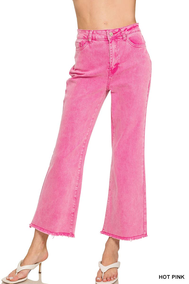 Zenana Acid Washed High Waist Frayed Hem Bootcut Pants: SAND BEIGE
