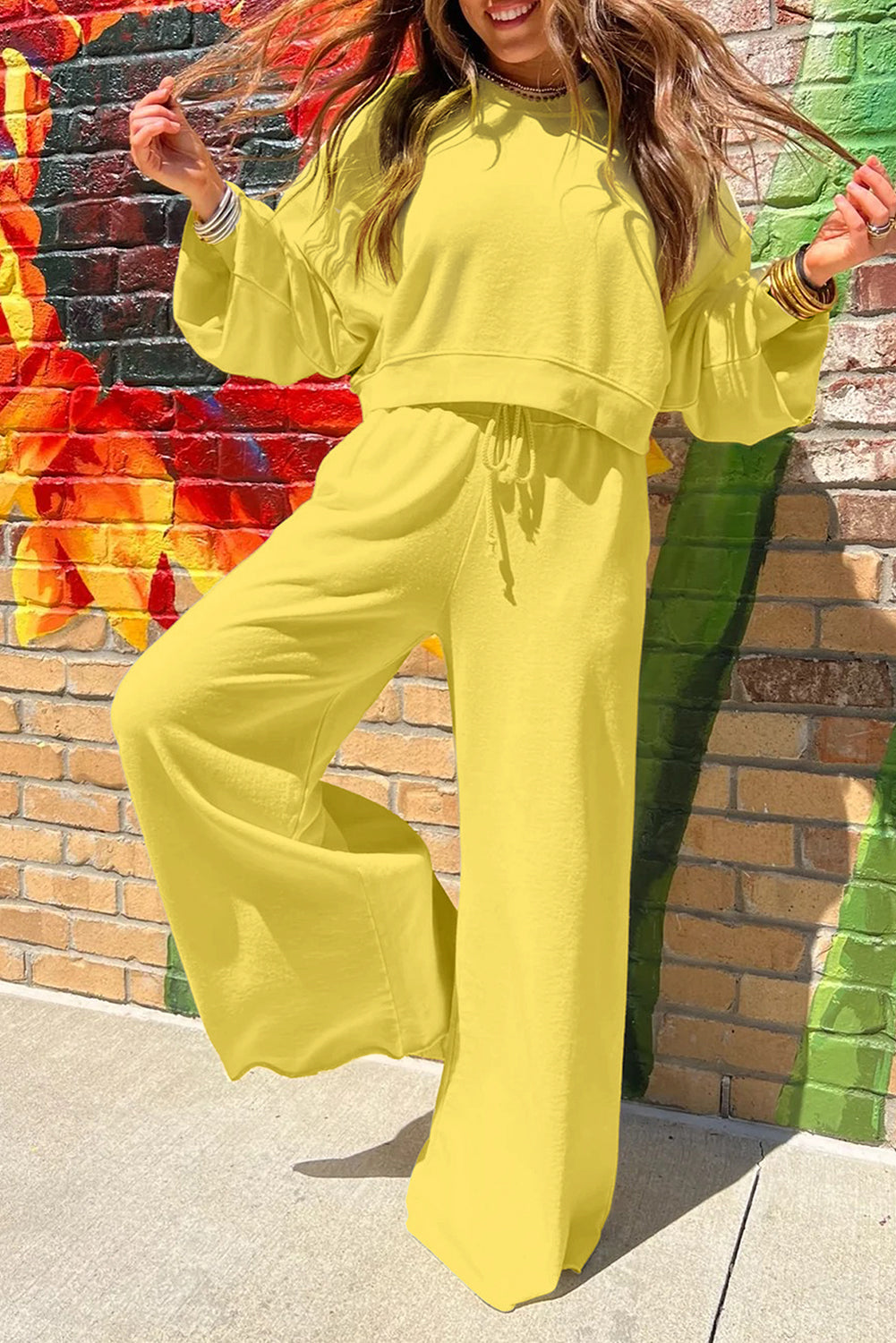 Light Pink Drop Shoulder Crop Pullover Drawstring Wide Leg Pants Set