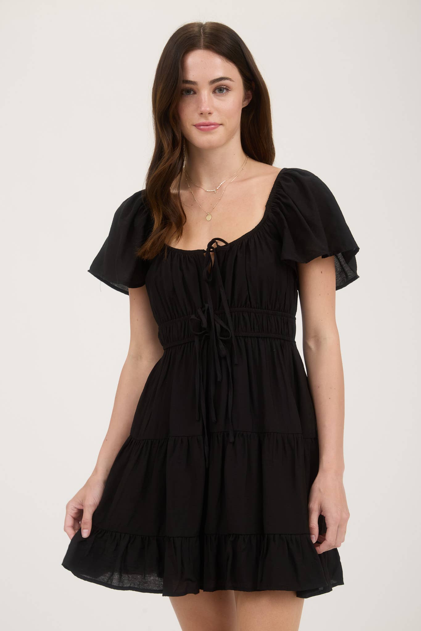 Front Tie Strap Short Sleeve Tiered Mini Dress