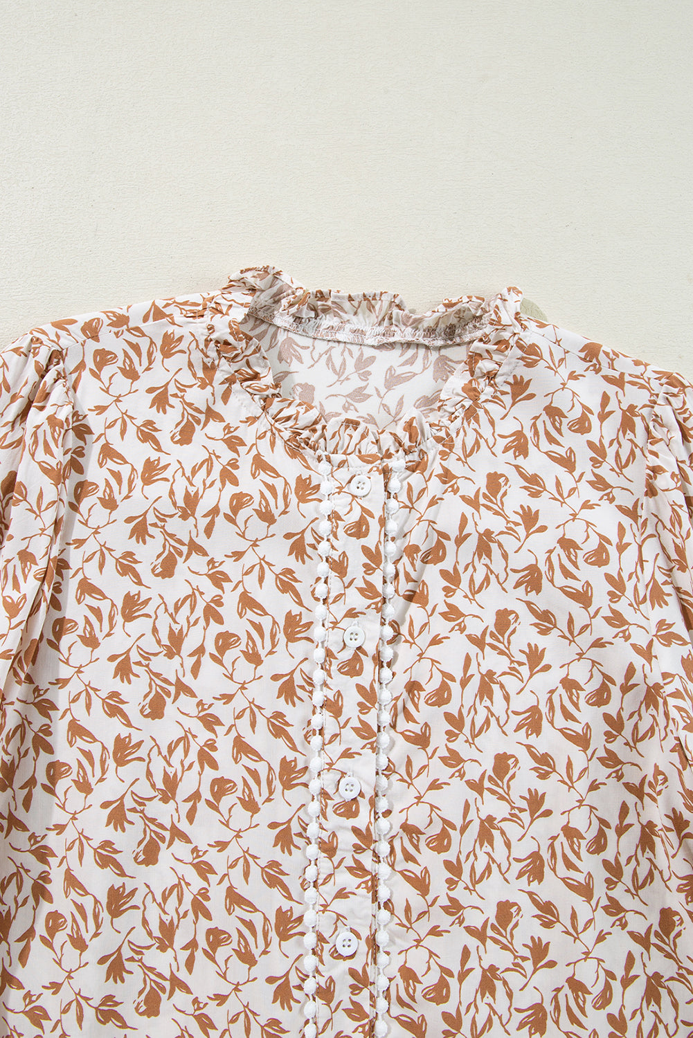 Khaki Printed Floral Print Lace Detail Puff Sleeve Fall Shirt