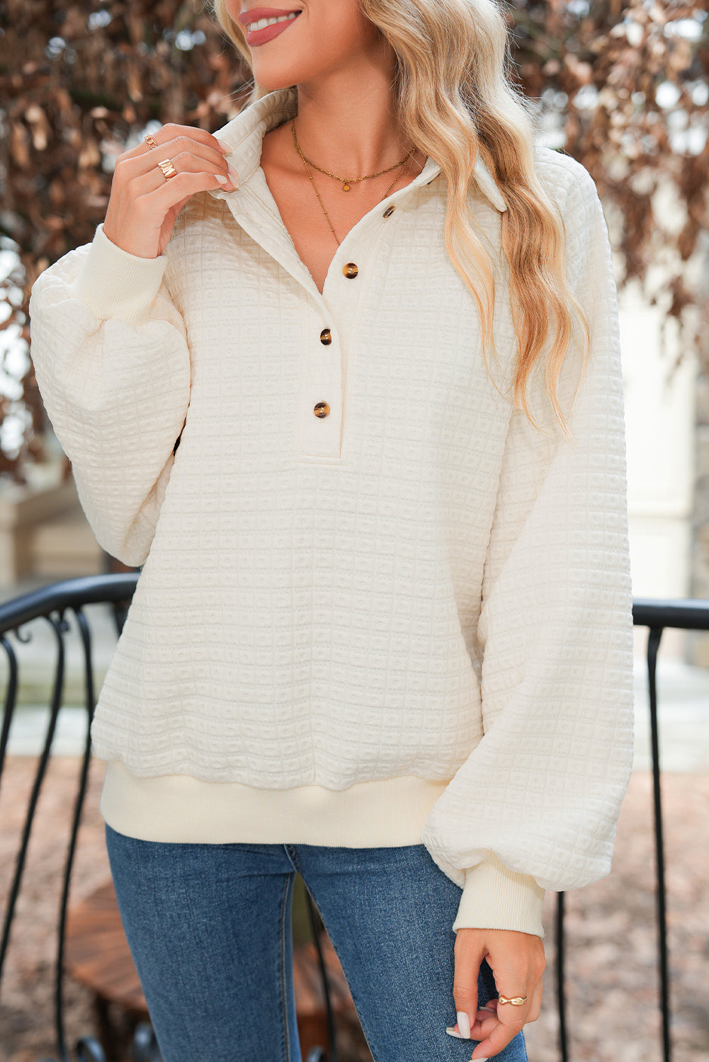 Beige Balloon Sleeve Casual Collared Button Sweatshirt