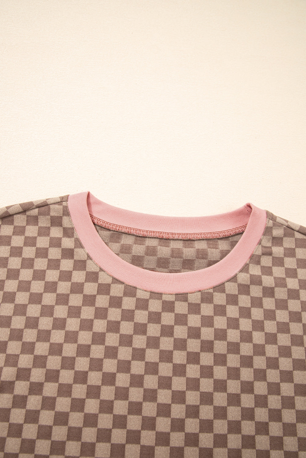 Brown Checkerboard Contrast Trim Long Sleeve Pullover and Shorts Set