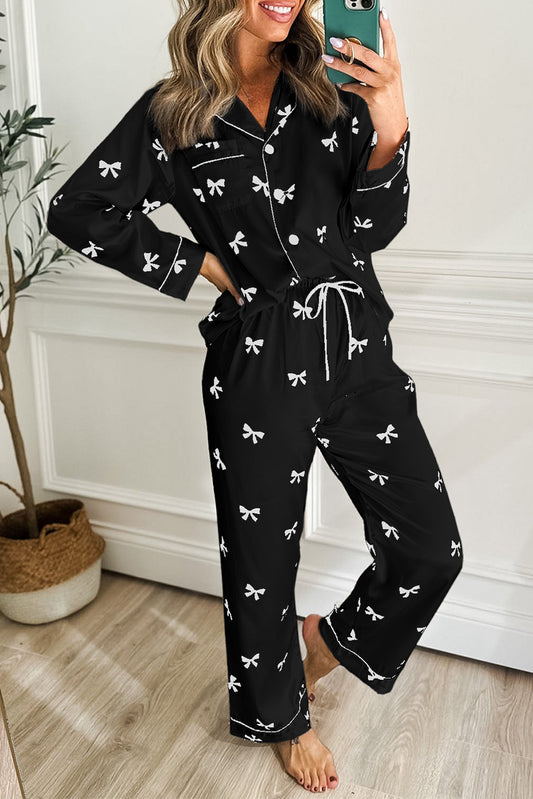 Black Bows Print Drawstring Two Piece Pajama Set