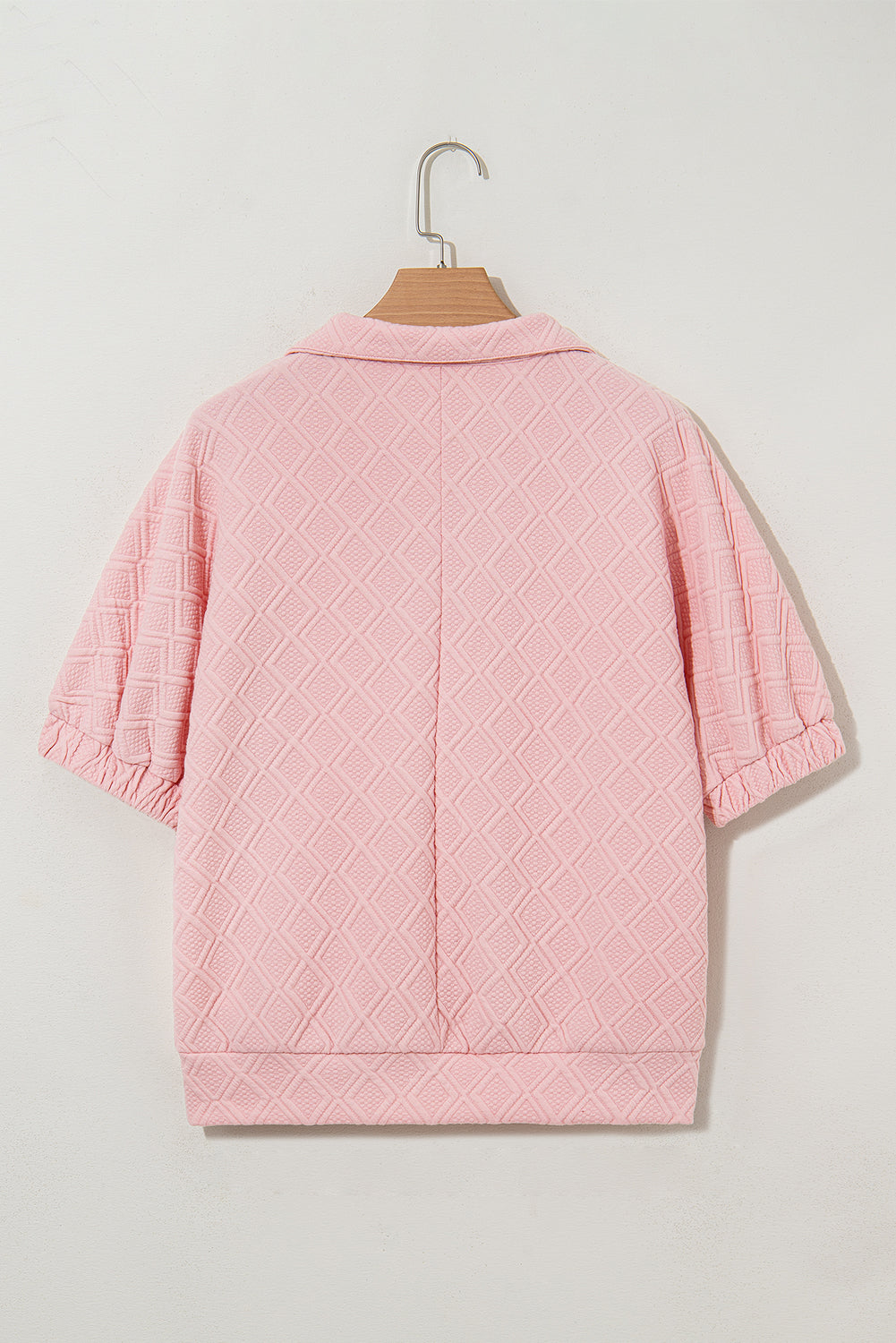 Light Pink Puff Sleeve Zipper Pop of Color Neckline Blouse