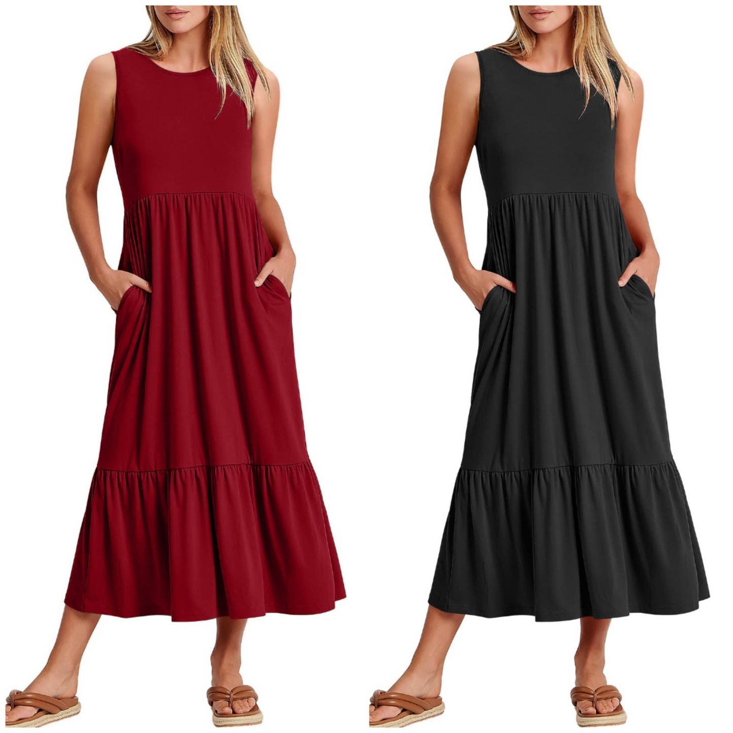 Ladies Sleeveless Simple Midi Dress, Pockets