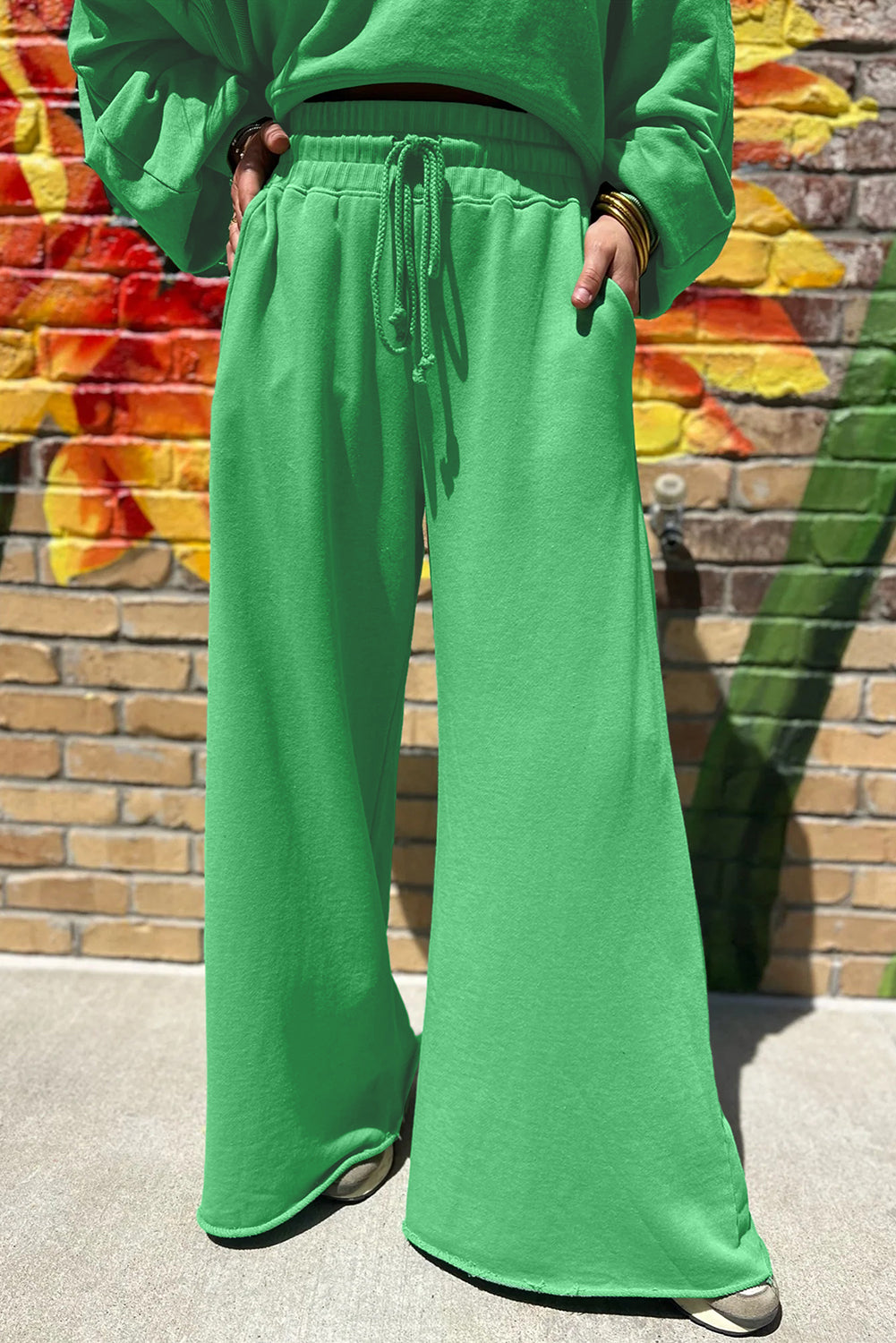 Light Pink Drop Shoulder Crop Pullover Drawstring Wide Leg Pants Set