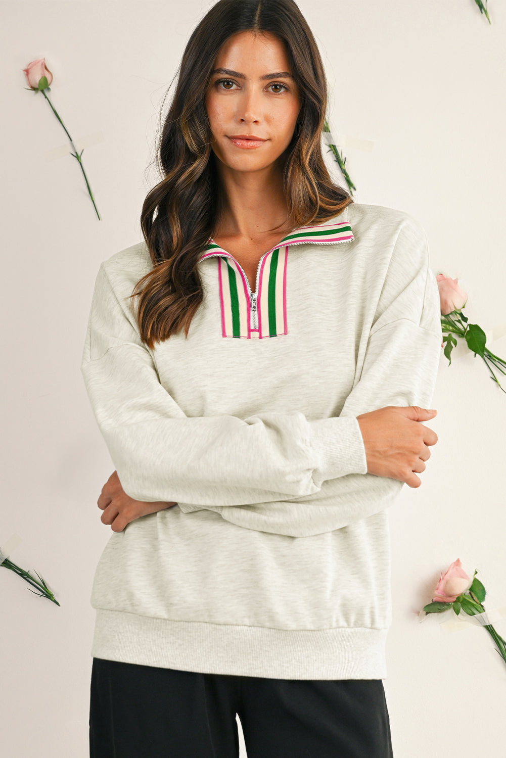 Vineyard Green Pop of Color Collared Patchwork Pullover Sweatshirt
