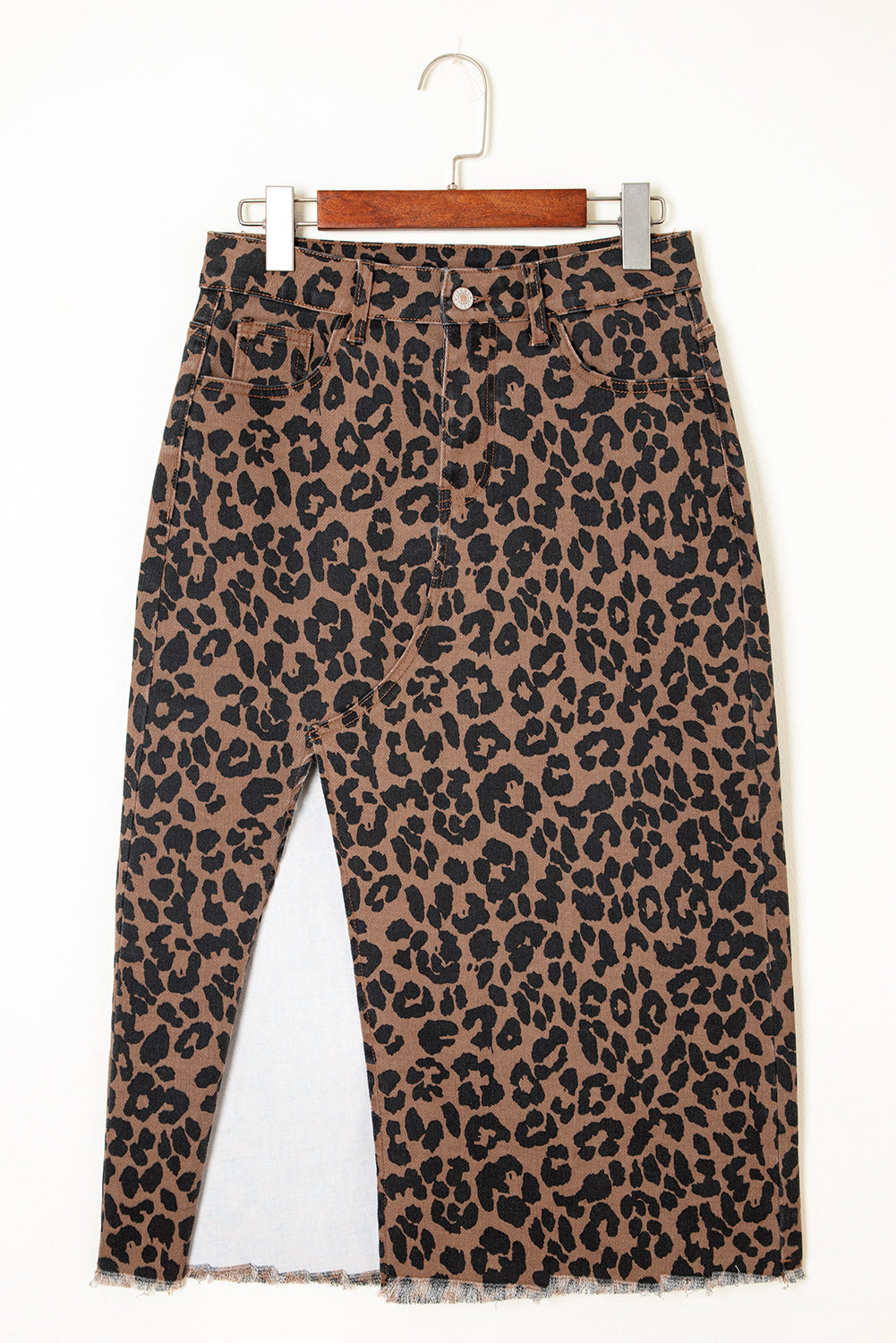 Sky Blue Leopard Frayed Split Denim Midi Skirt