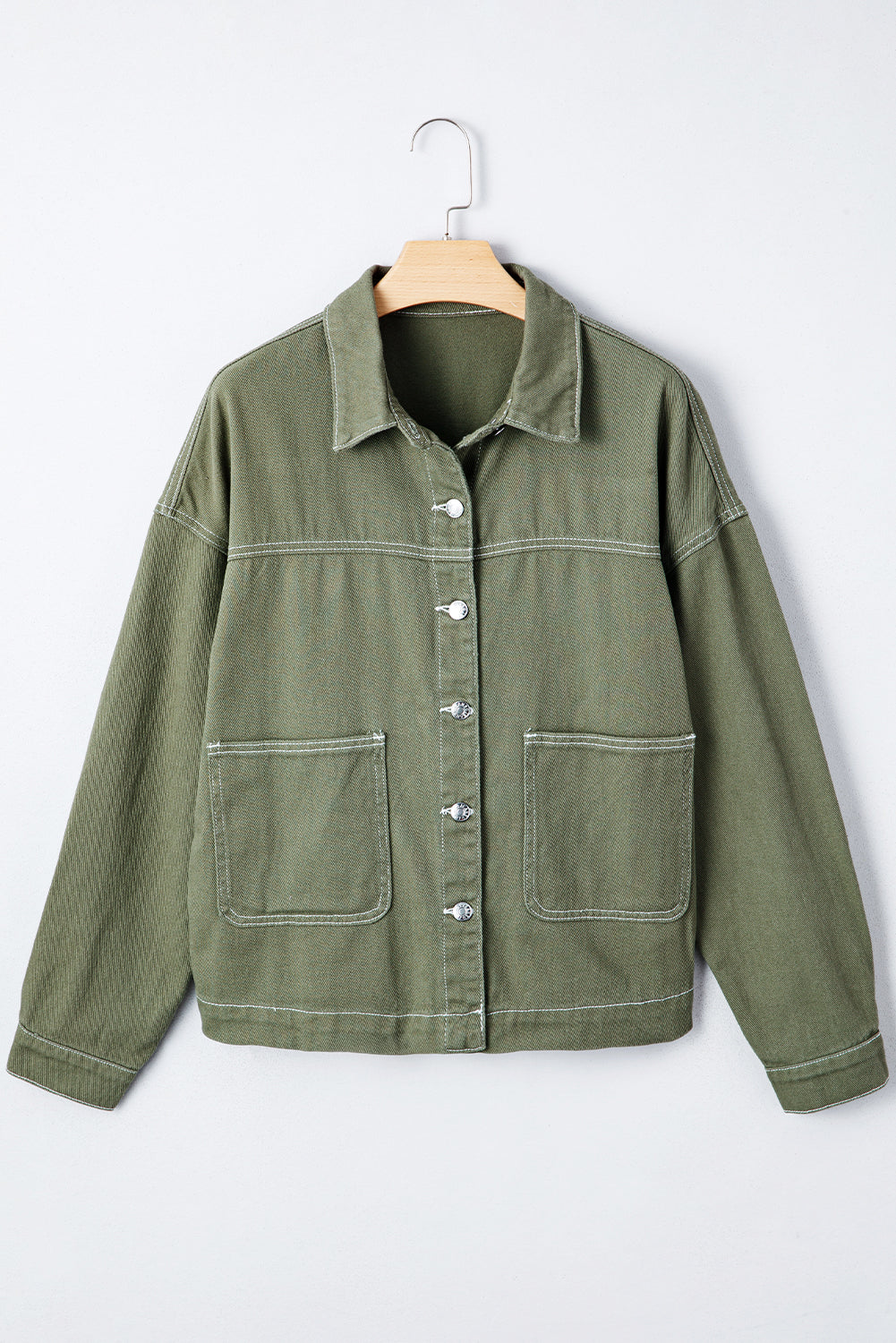 Smoke Green Pocket Collared Button Front Denim Jacket