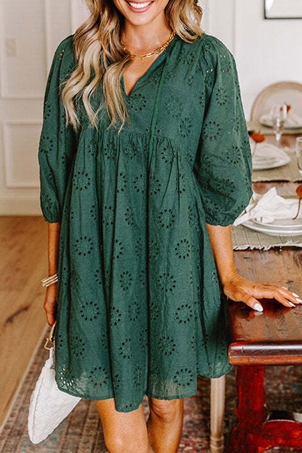 Blackish Green Embroidered Eyelet Pattern Puff Sleeve Mini Dress