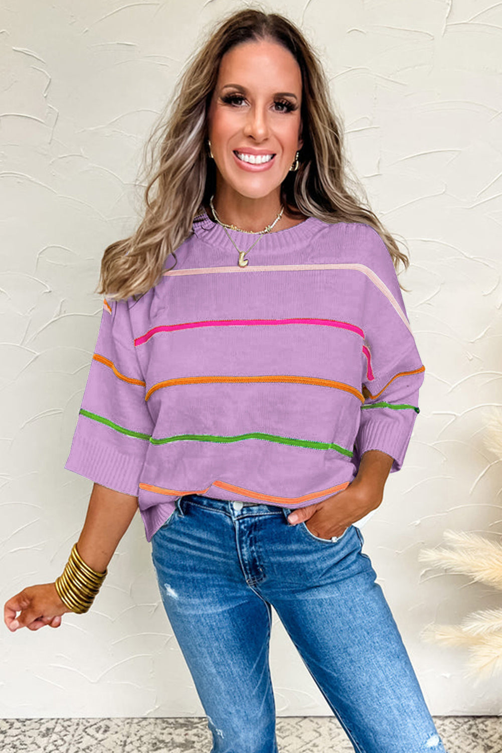 Orchid Petal Striped Half Sleeve Drop Shoulder Sweater