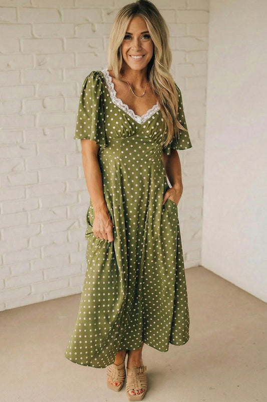 Green Polka Dot Print Lacy Neckline Smocked High Waist Maxi Dress