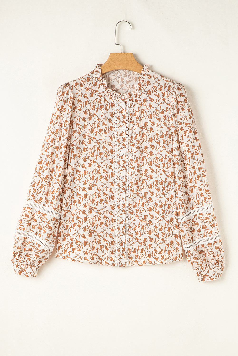 Khaki Printed Floral Print Lace Detail Puff Sleeve Fall Shirt