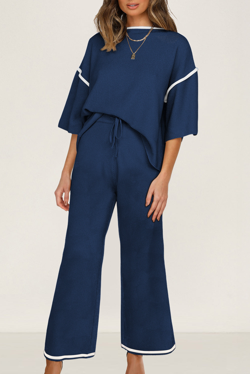 Bright Pink Loose Contrast Trim Half Sleeve Top and Drawstring Pants Set