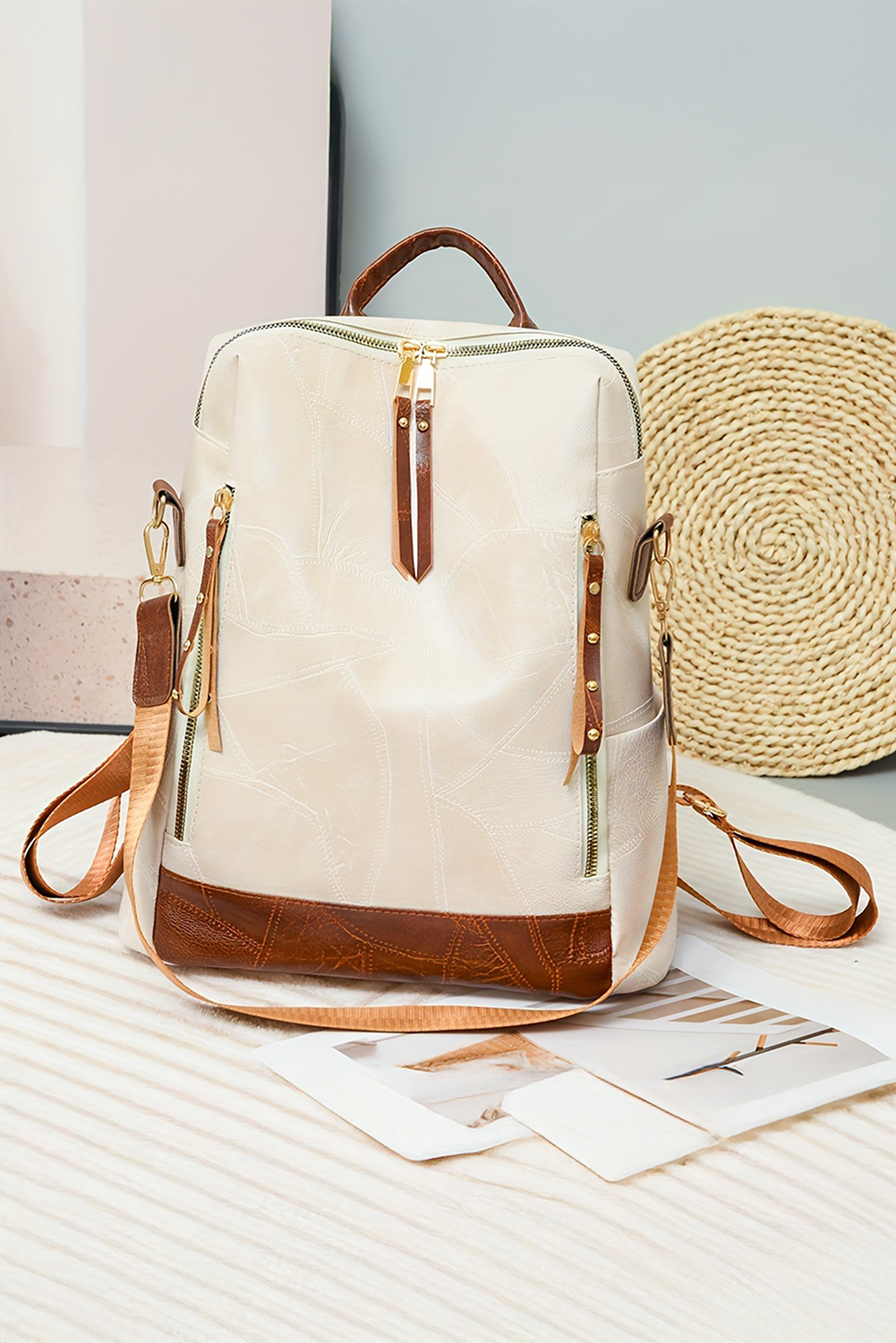 White Waterproof PU Leather Backpack