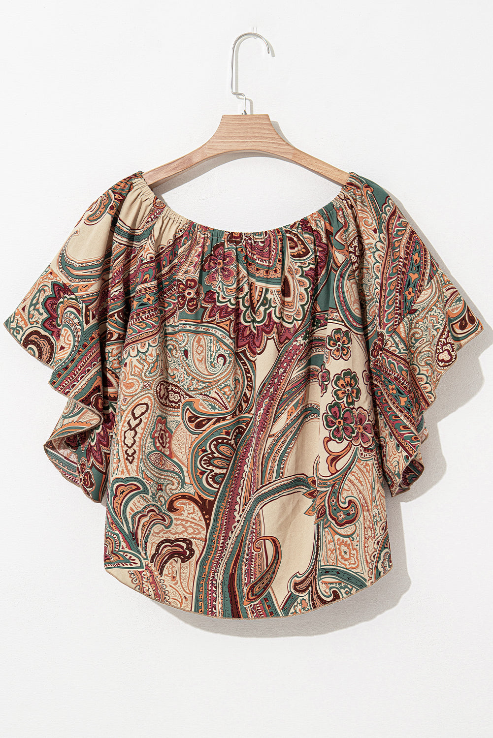 Apricot Paisley Print Shirred Off Shoulder Ruffle Half Sleeve Blouse