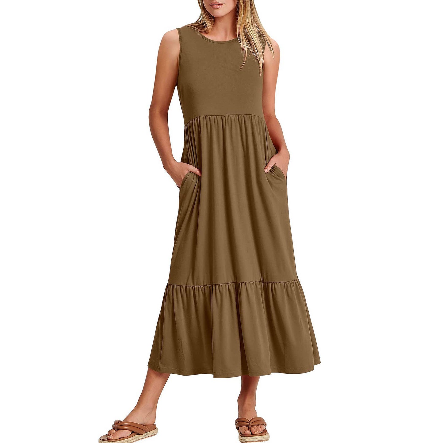 Ladies Sleeveless Simple Midi Dress, Pockets