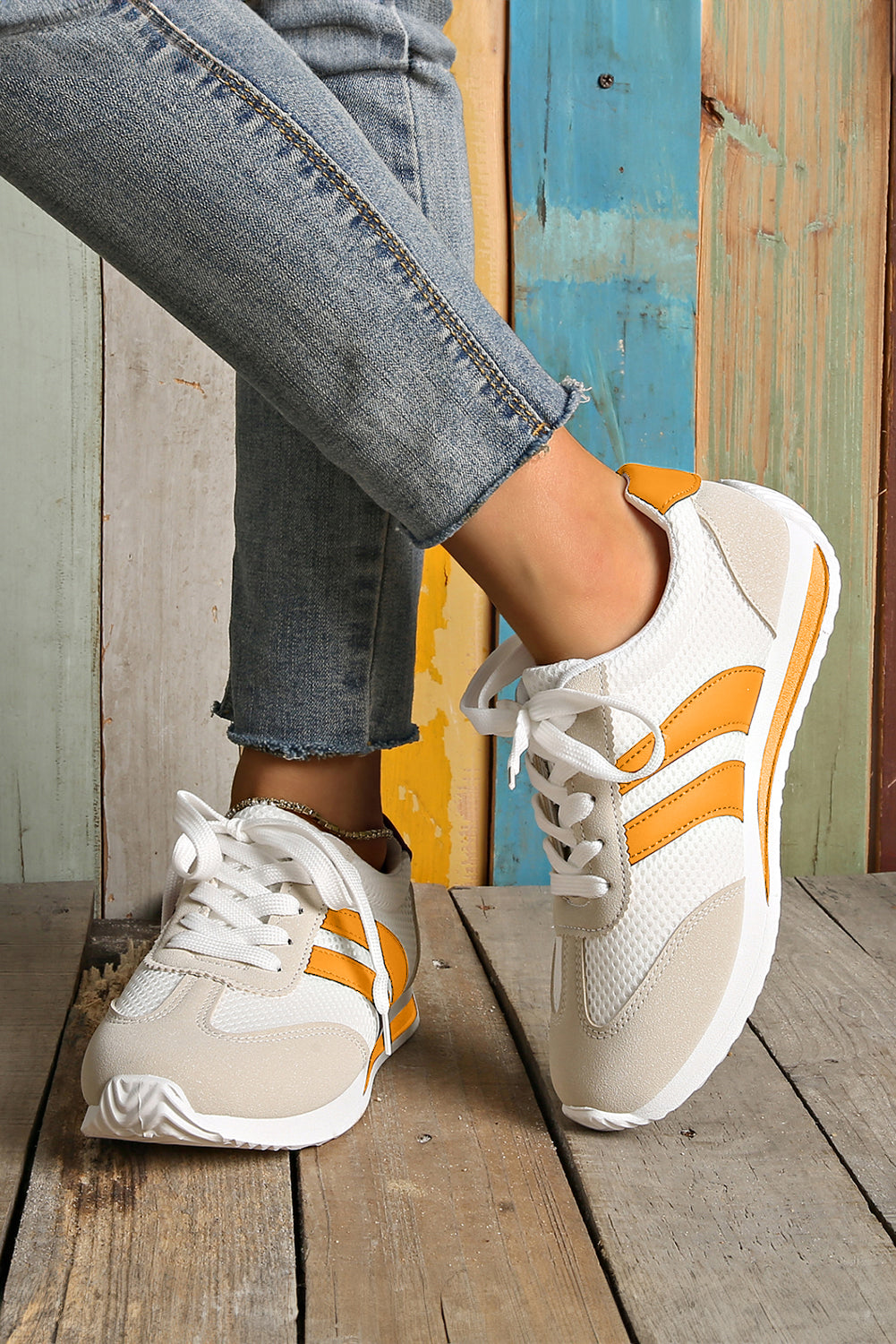 White Patchwork Breathable Lace Up Sneakers