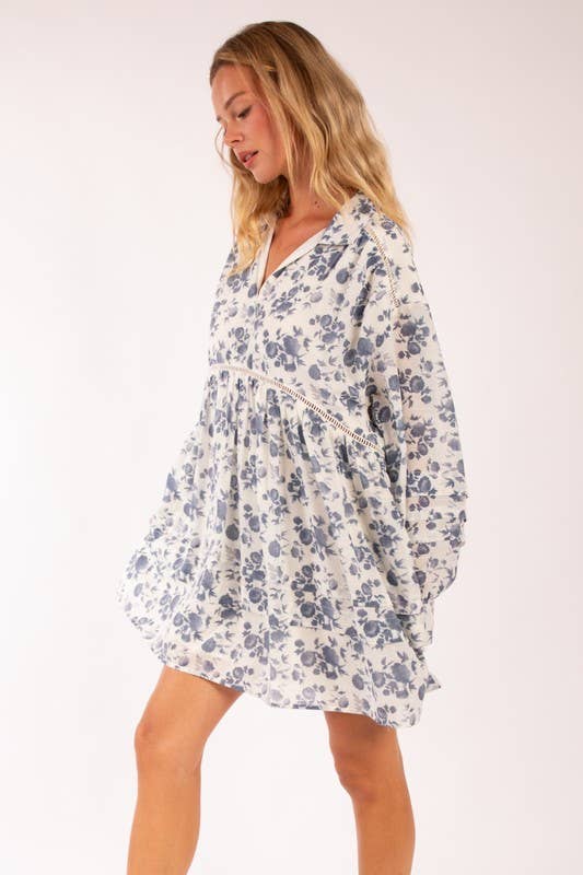 Heyson Long Sleeve Floral Babydoll Dress: IVORY/NAVY
