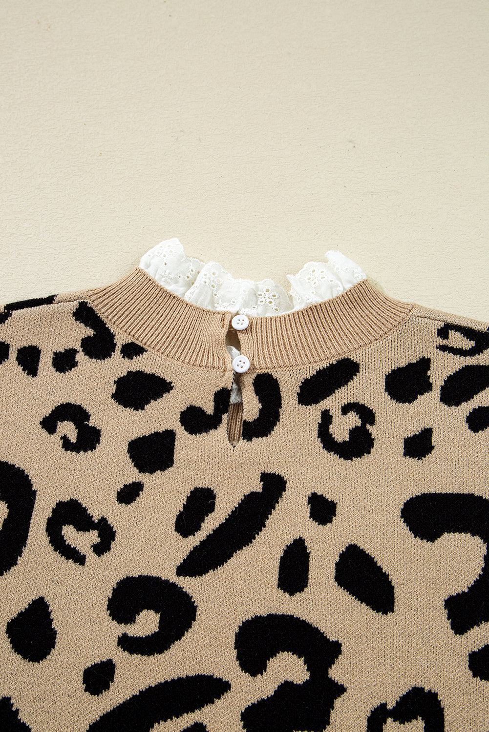 Brown Leopard Pattern Lace Trim Ribbed Detail Button Cuffed Sweater