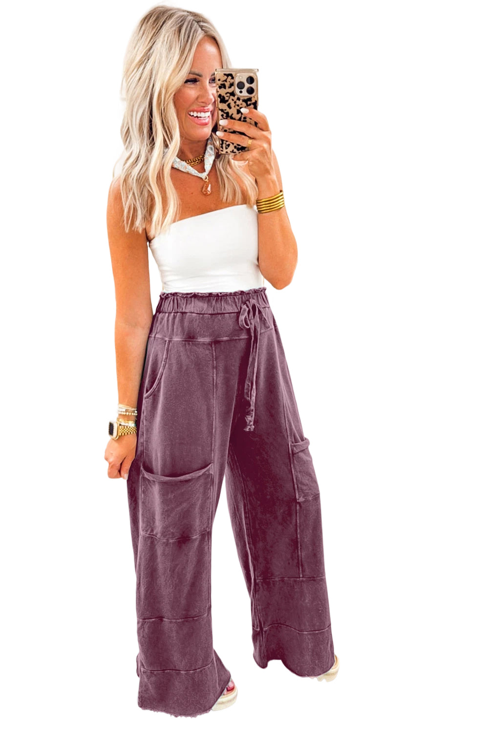 Medium Grey Mineral Wash Knot High Waist Raw Hem Pants