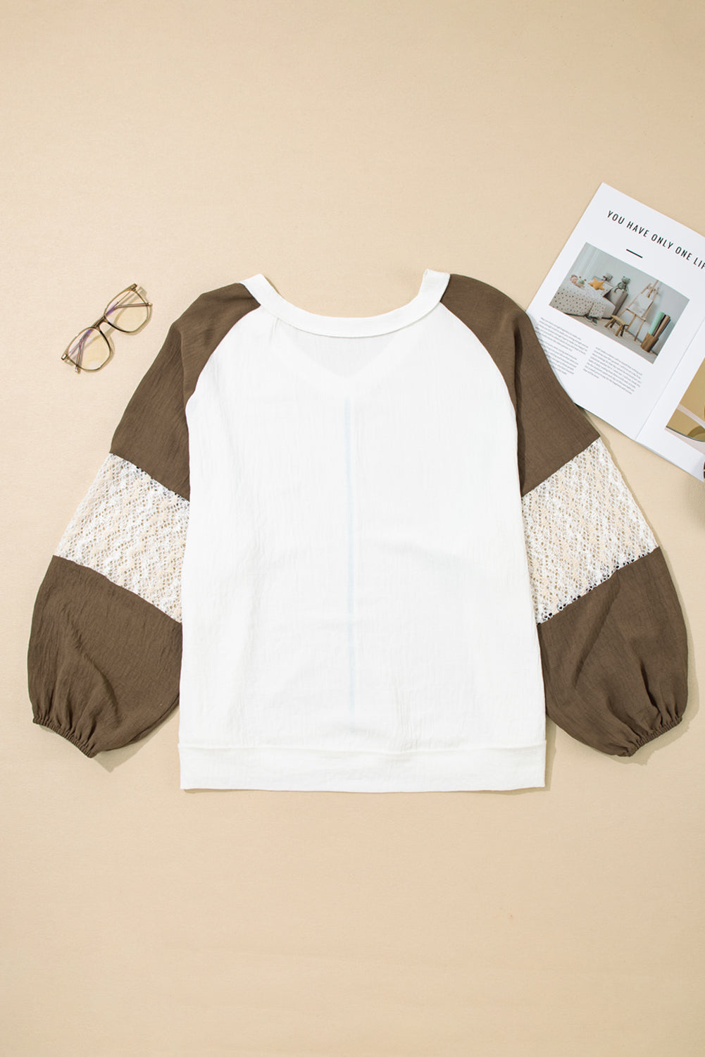 Green Colorblock Lace Patchwork Balloon Sleeve Plus Size Blouse