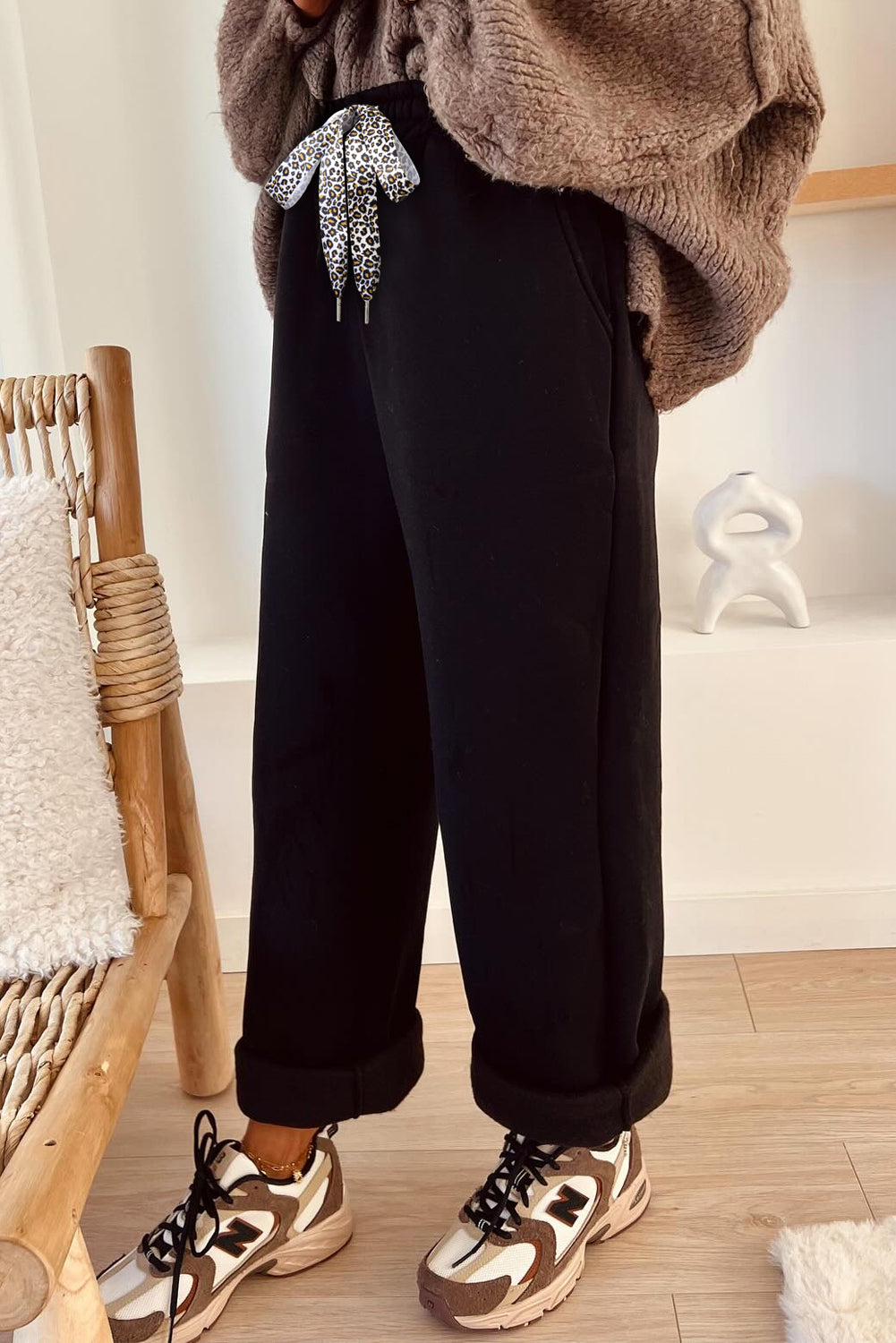Black Leopard Drawstring Winter Fleece Pants