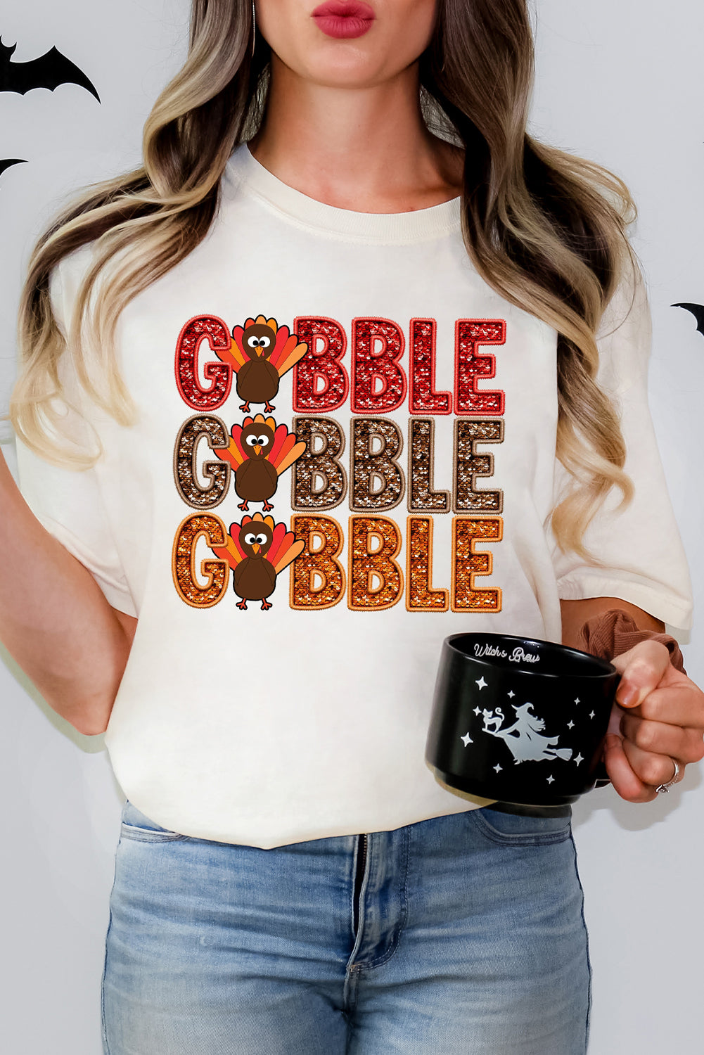 White GOBBLE Thanksgiving Turkey Heat Transfer Printing T Shirt