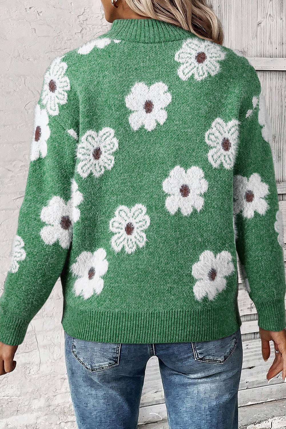 Khaki Vintage 60s Floral Pattern Half Zip Collar Drop Shoulder Sweater