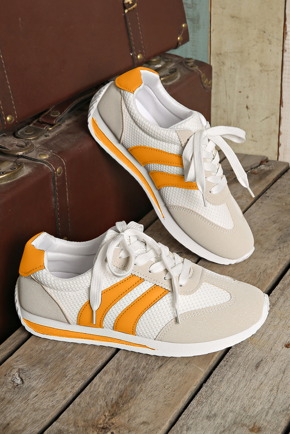 White Patchwork Breathable Lace Up Sneakers