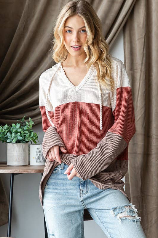 V-Neck Ribbed Drawstring Hoodie