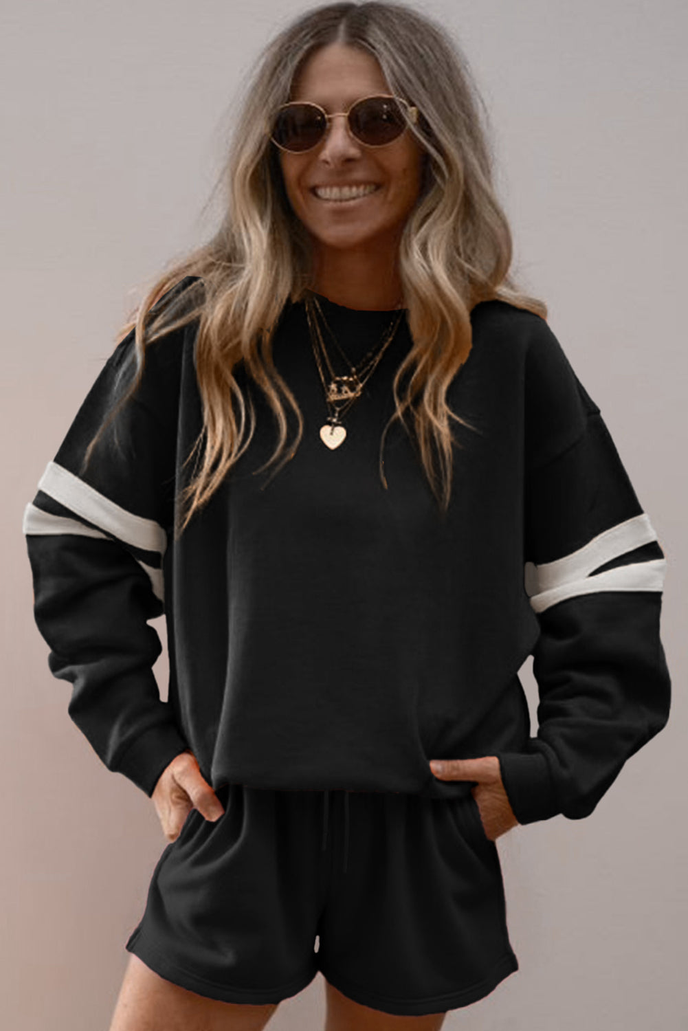Black Varsity Striped Sleeve Drop Shoulder Sweatshirt and Shorts Set