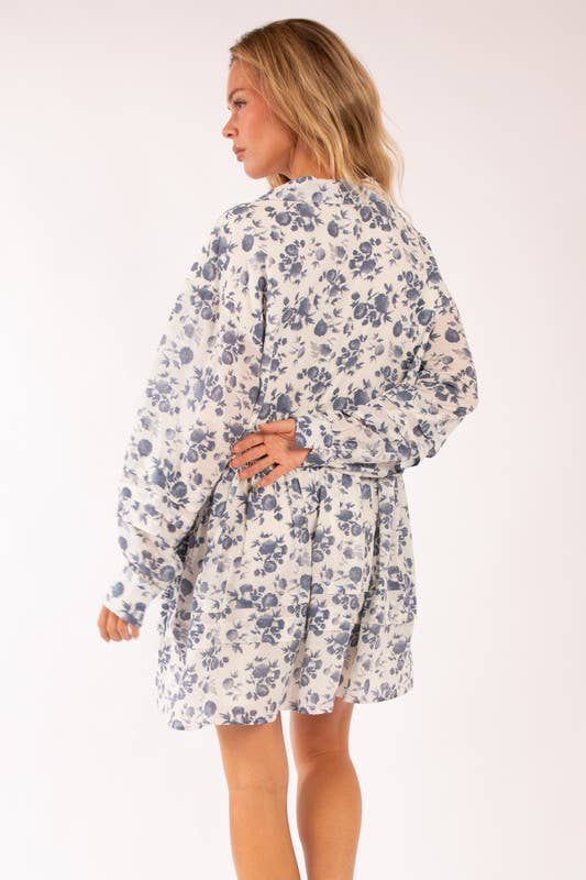 Heyson Long Sleeve Floral Babydoll Dress: IVORY/NAVY