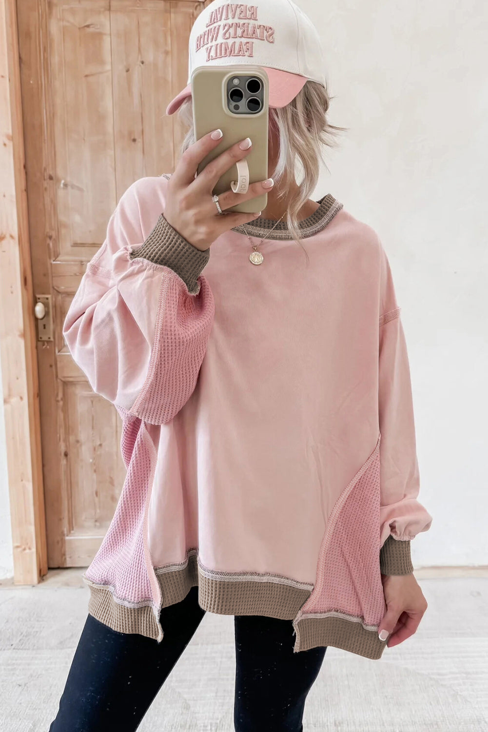 Smoke Green Colorblock Waffle Patchwork Oversize Sweatshirt