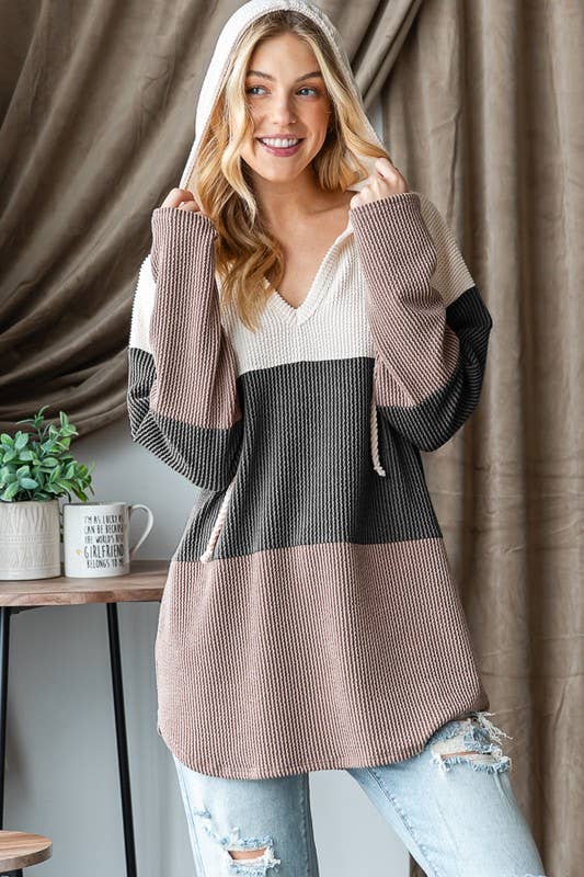 V-Neck Ribbed Drawstring Hoodie