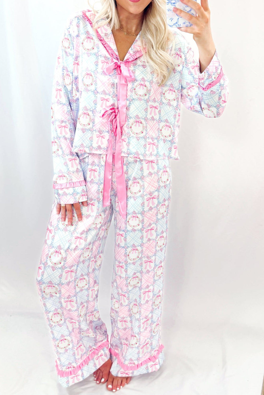 Pink Bow Wreath Pattern Christmas Holiday Bow Tie Front Pajama Set