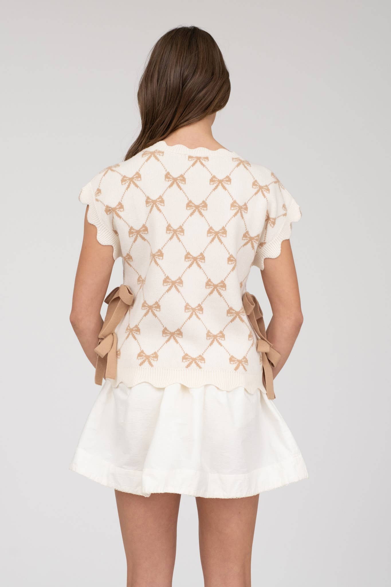 BOW PATTERN SHORT SLEEVE SIDE TIE KNIT PULLOVER