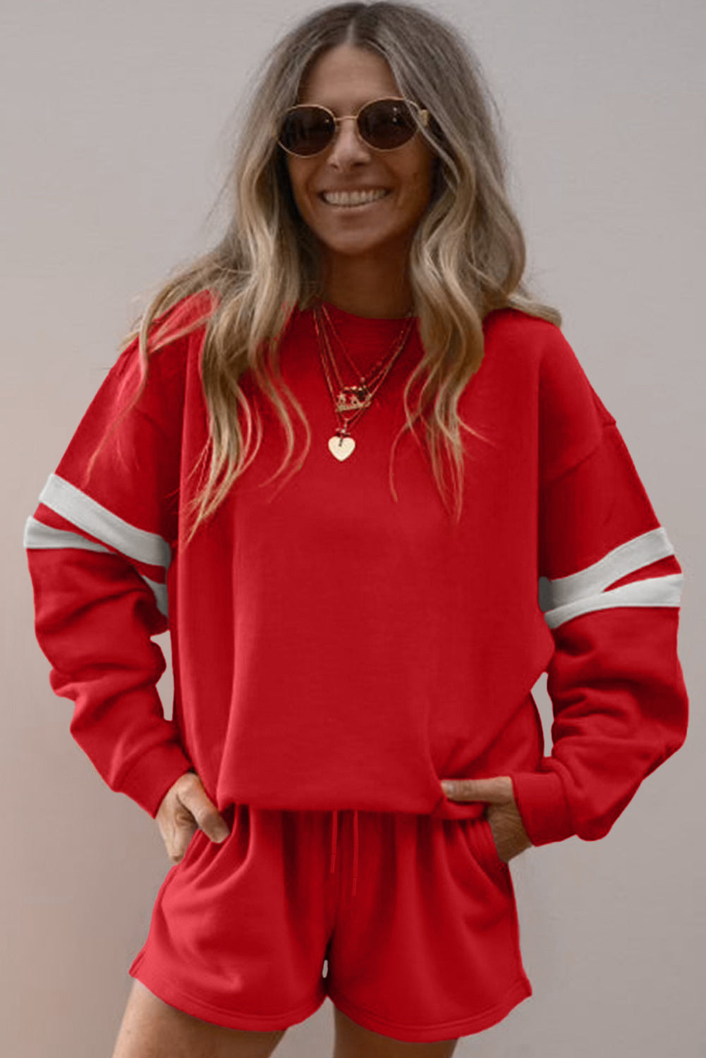 Black Varsity Striped Sleeve Drop Shoulder Sweatshirt and Shorts Set