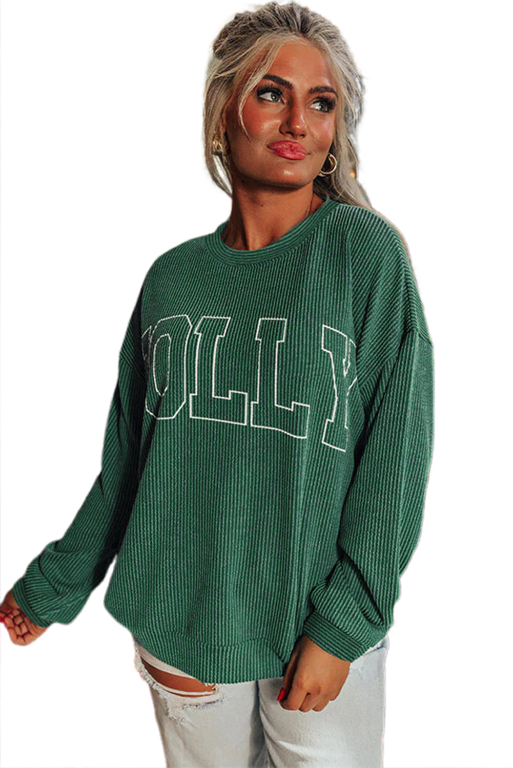 Blackish Green Twisted Rib Merry Letter Graphic Loose Long Sleeve Top