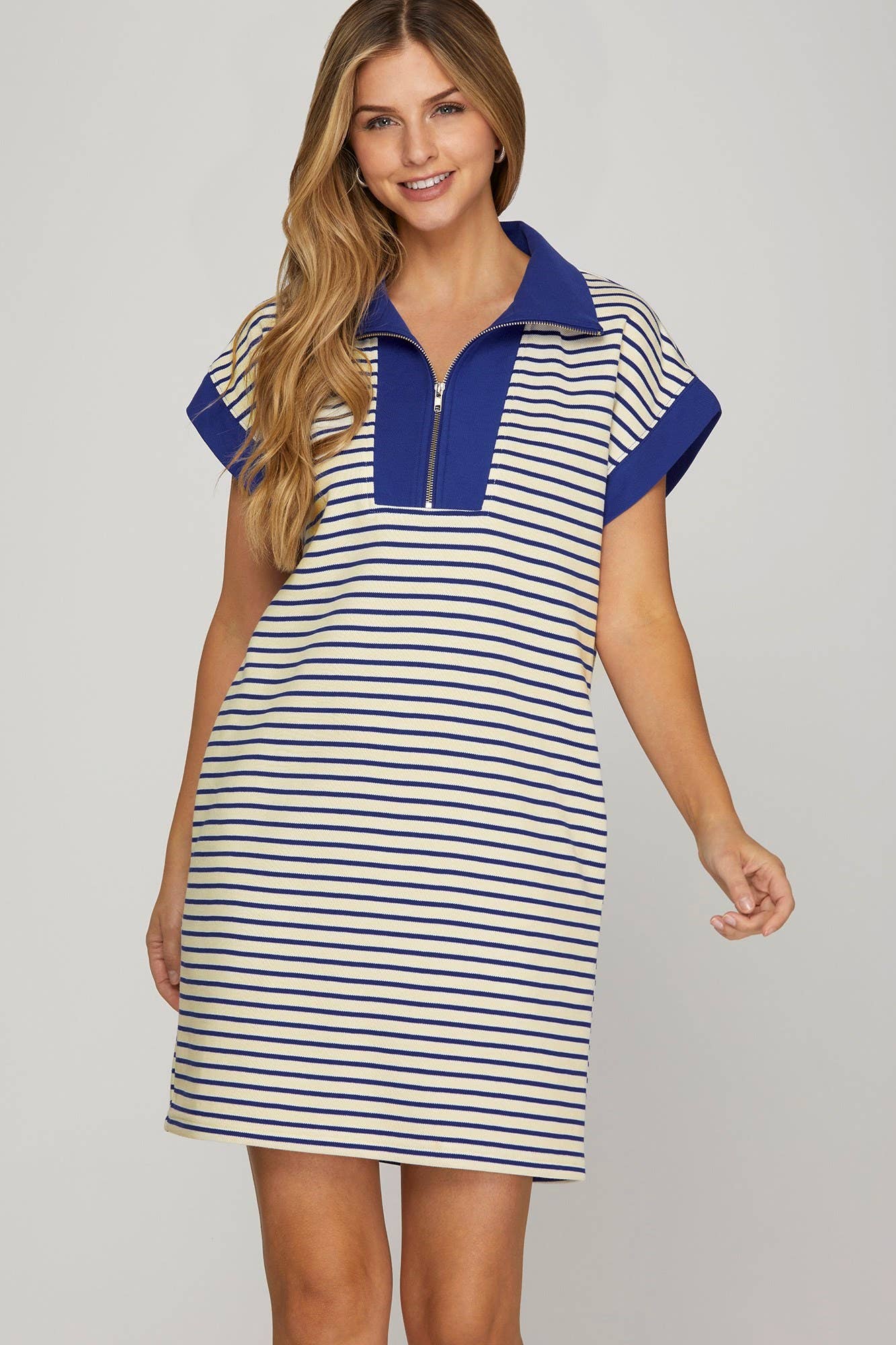 Half Zip Striped Knit Mini Dress
