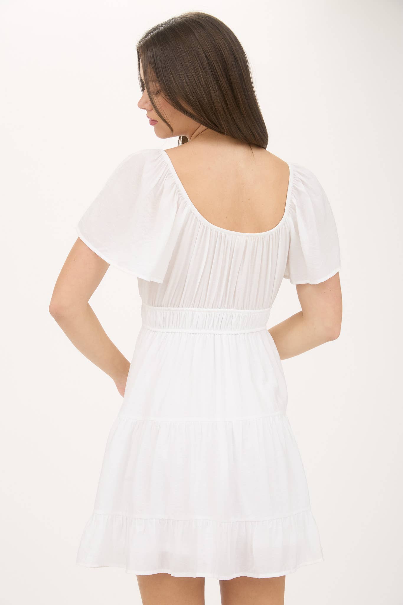 Front Tie Strap Short Sleeve Tiered Mini Dress