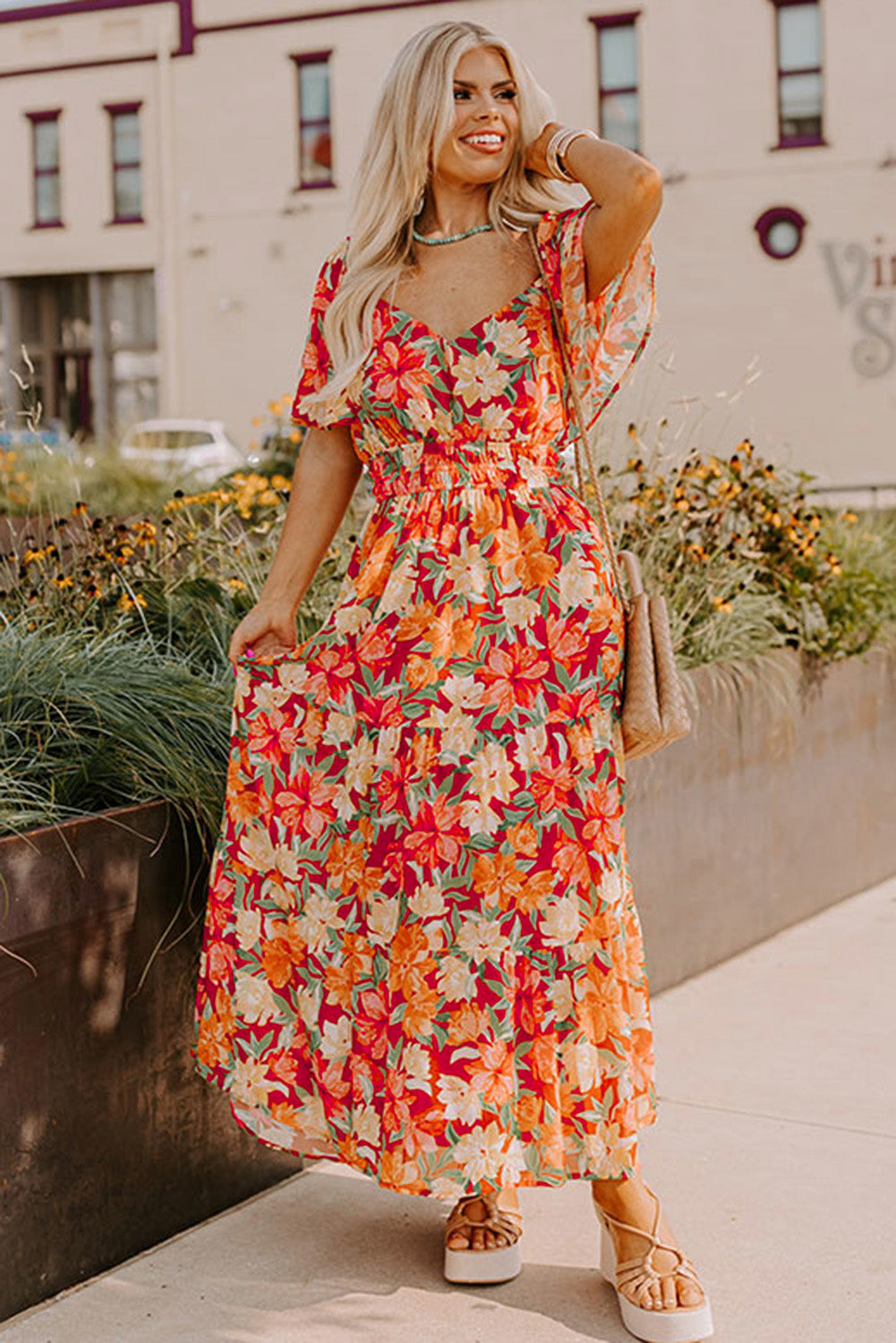 Orange Plus Size Floral V Neck Cinched Waist Maxi Dress