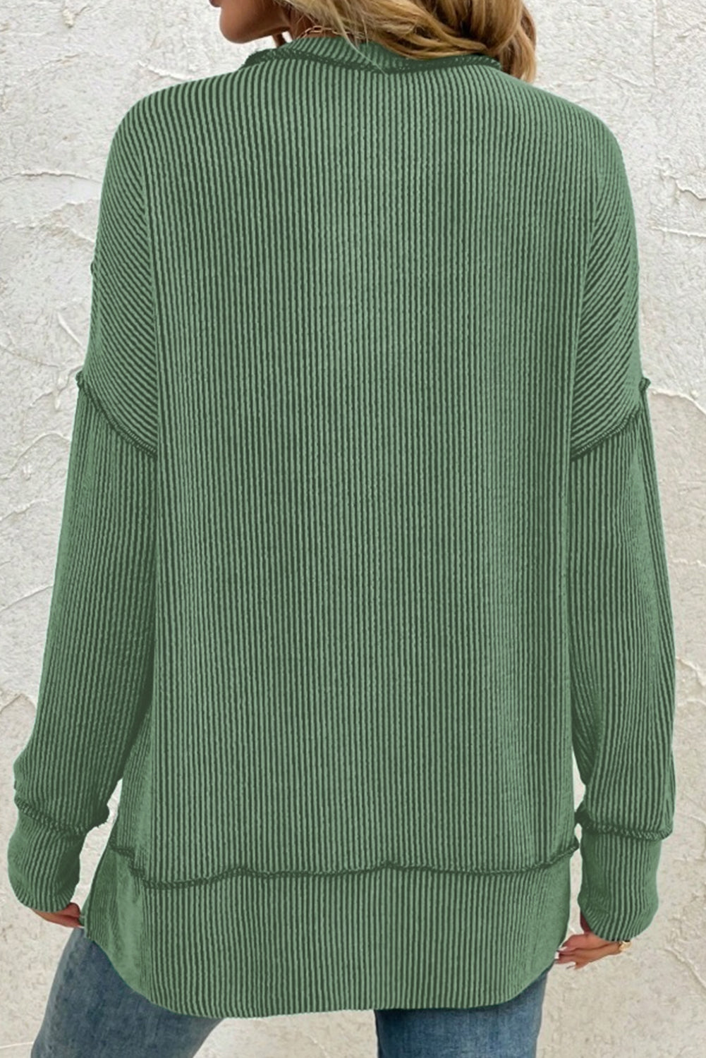 Bright Green Twisted Ribbed Split Loose Long Sleeve Pullover Top