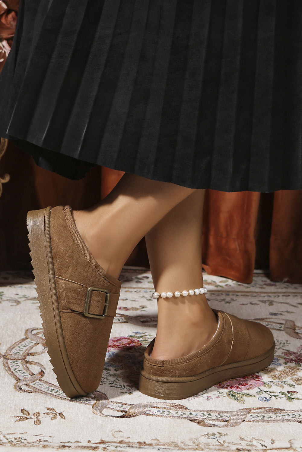 Black Faux Suede Buckle Strap Detail Winter Clog Slippers